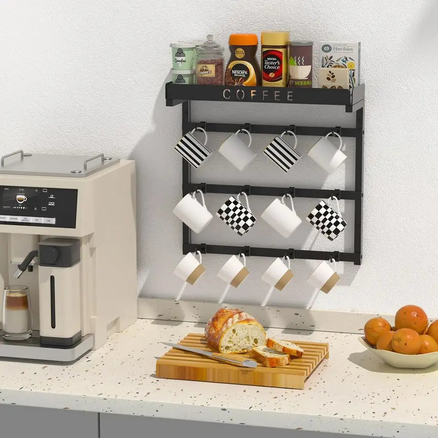 Mug Holder Wall Mounted with 12 Movable Hooks, Metal Coffee Cup Holder with Top - Organizer - view 5