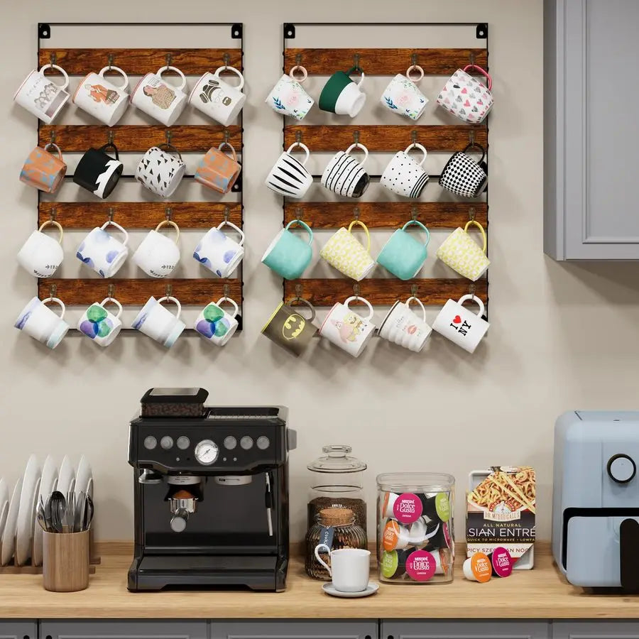 Wood Coffee Mug Rack Wall Mount Cup Holder Shelf Storage for Kitchen, Home, Bar - Storage Shelf - view 5