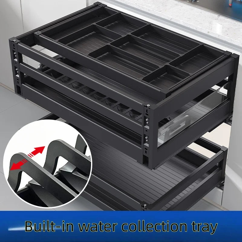Aluminum Alloy Three-layer Pull-out Cabinet Drawer Type Dish Rack with Double-layer - Dish Drying Rack - view 3