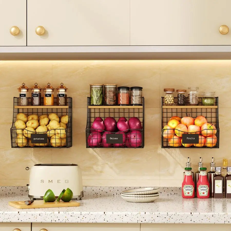Pack Fruit Basket for Kitchen with Wood Lid CounterampWall Mounted Onion and Potato - Cabinet Organizer