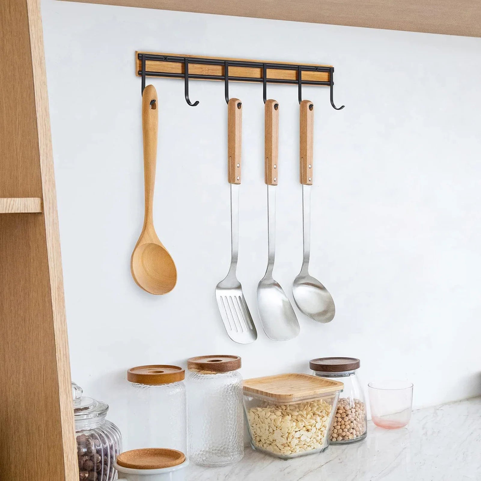 2PCS Wall Mounted Kitchen Utensil Hooks Set of 6 Black Metal Bamboo Decor Hangers - Organizer - view 2