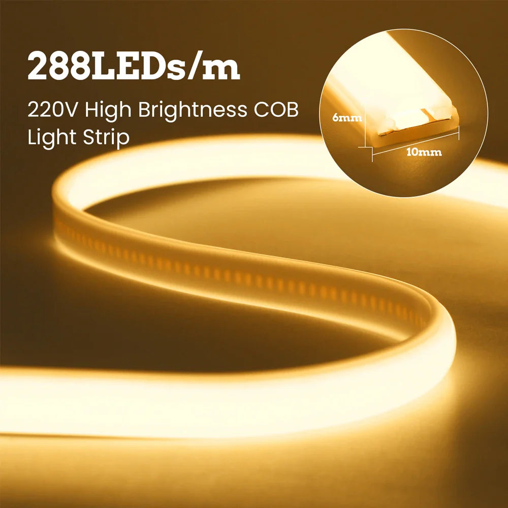 220V Switch COB Led Strip Light ON/OFF Red Green Pink Warm Natural White 288Leds/M - LED Strip Light - view 3