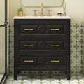 30" Bathroom Vanity with Sink Top 3-Drawer Storage Cabinet Gold Pulls Tip-Out Drawer Solid - Cabinet Organizer