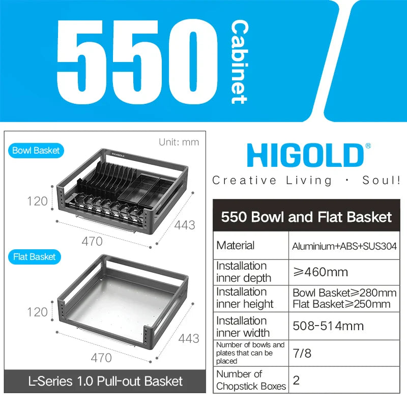 HIGOLD 500mm Cabinet Pull Basket Double Drawer With Dish Rack 304 Stainless Steel Kitchen - Dish Drying Rack - view 7
