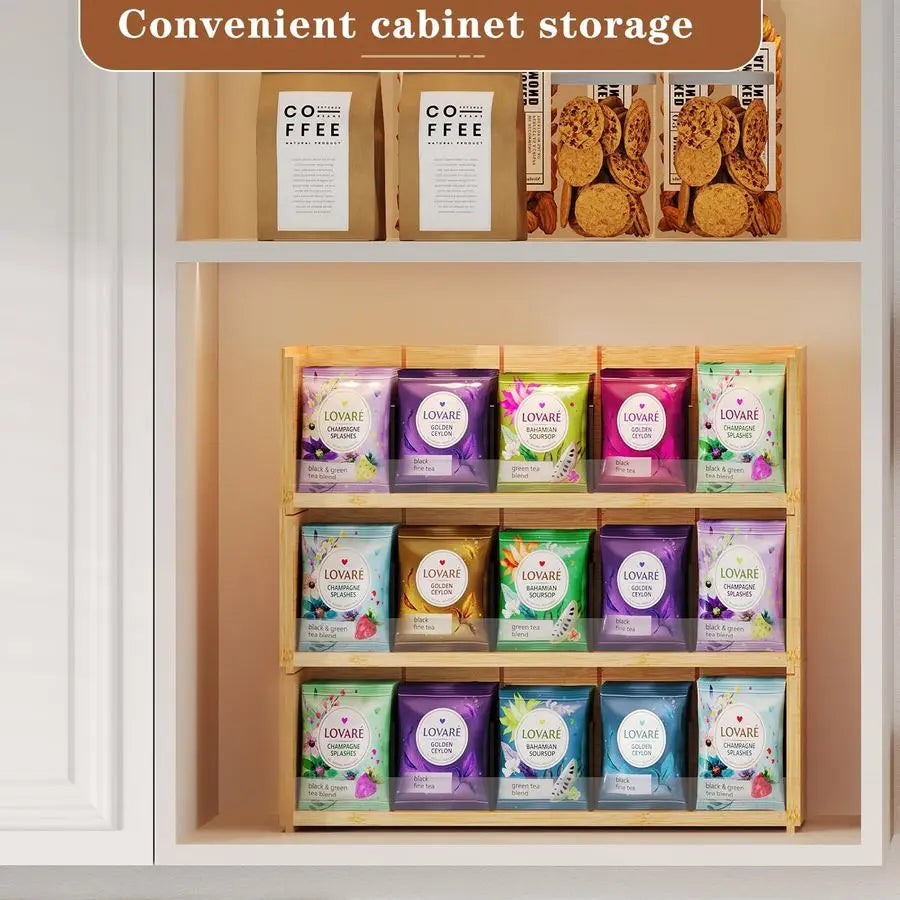 Bamboo Tea Bag Organizer Storage Box, 3 Tier Stackable Tea Bag Box Natural Wood - Cabinet Organizer - view 3