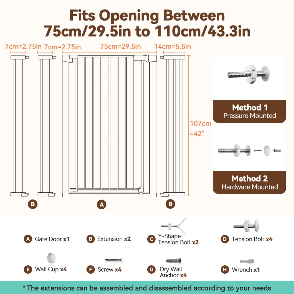 42" Extra Tall Baby Gate for Stairs Doorways Fits Openings 29.5" to 43.3" Wide - Safety Gate - view 5