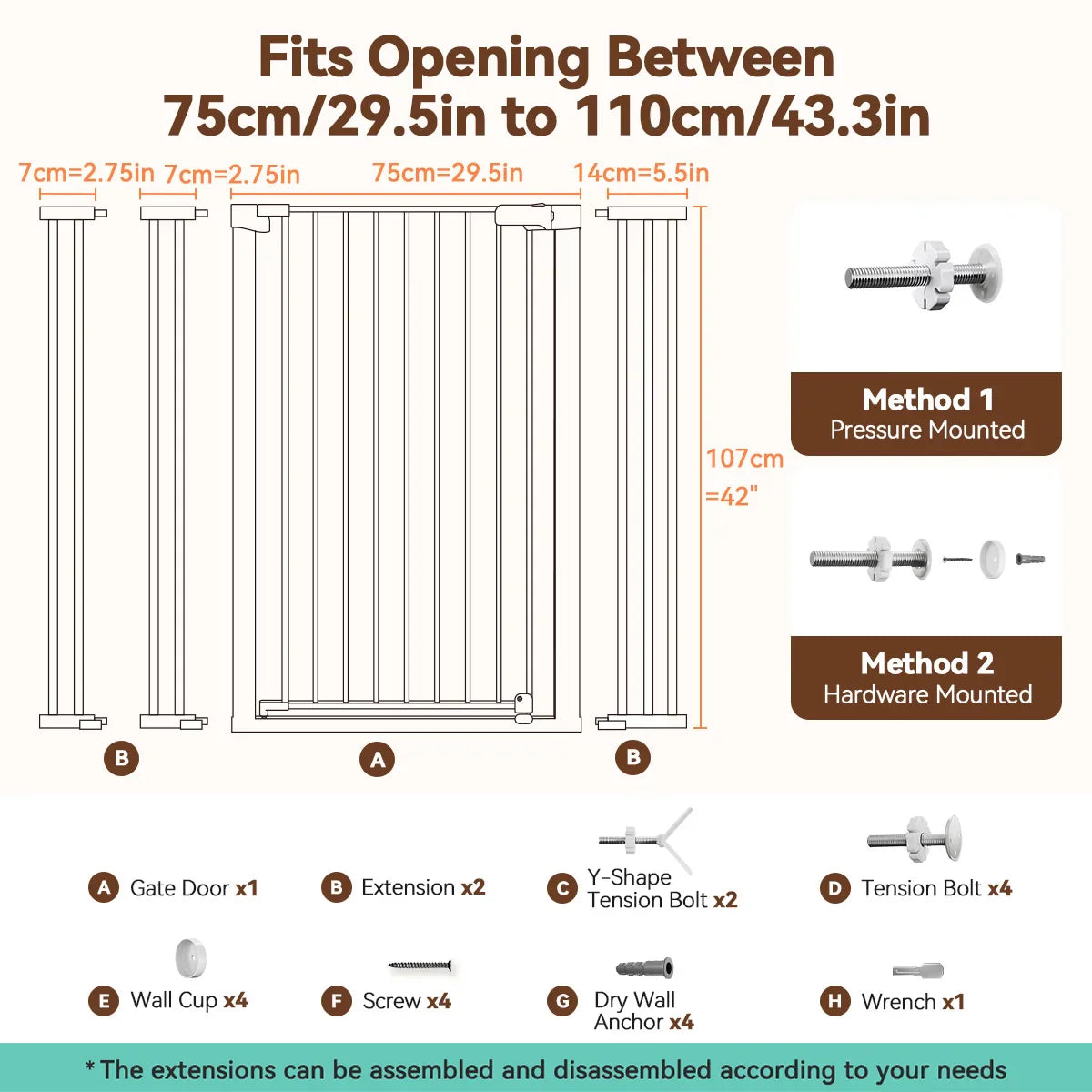 42" Extra Tall Baby Gate for Stairs Doorways Fits Openings 29.5" to 43.3" Wide - Safety Gate - view 5