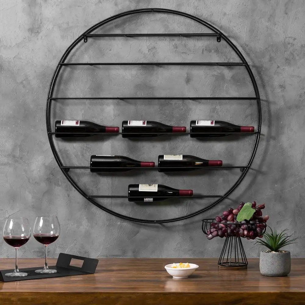 12-Bottle Modern Black Metal Round Wall Mounted Wine Rack – 6-Tier Horizontal Storage - Wine Rack - view 2