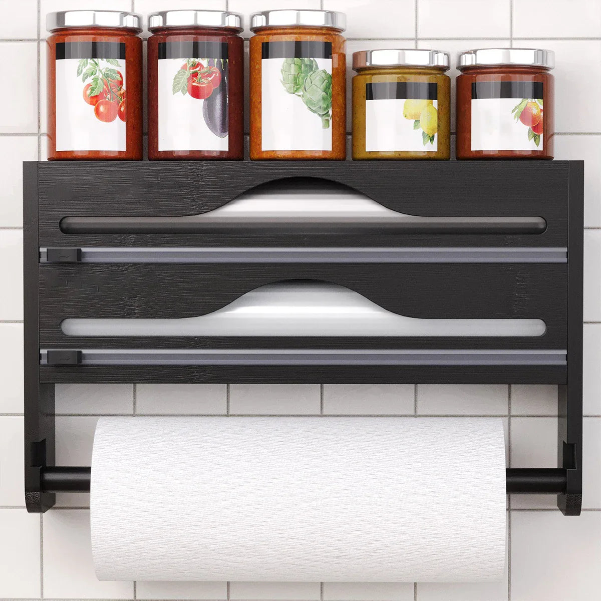 Bamboo Kitchen Organzier, Clingfilm & Foil Dispenser with Cutter, Wall-Mounted Storage - Home Improvement