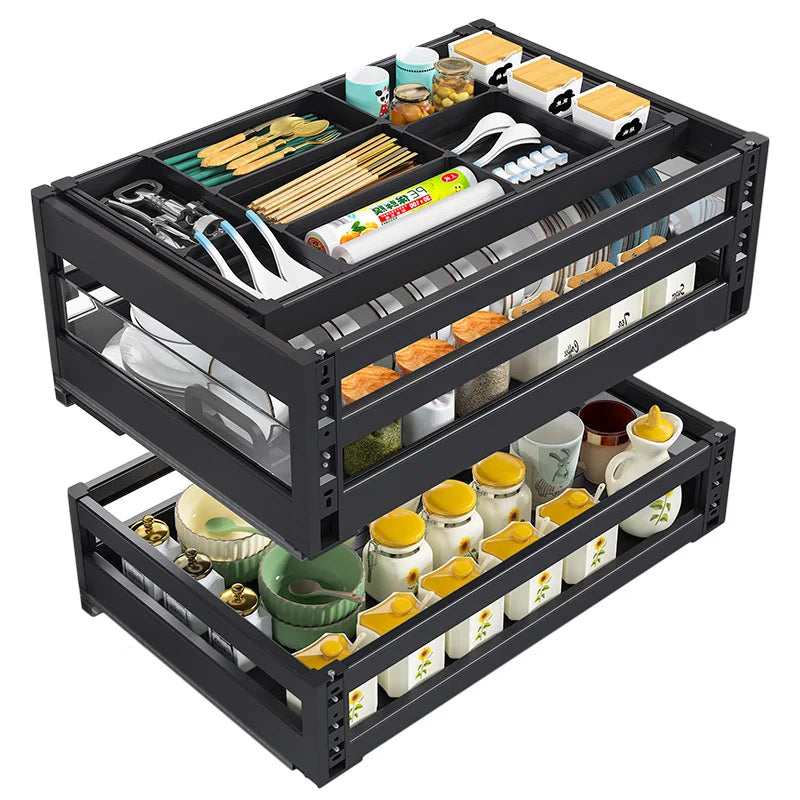 Aluminum Alloy Three-layer Pull-out Cabinet Drawer Type Dish Rack with Double-layer - Dish Drying Rack - view 4