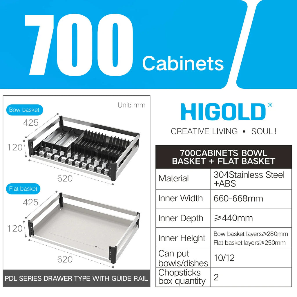 HIGOLD 600mm Kitchen Cabinet Basket Pull Drawer 800mm / 900mm 304 Stainless Steel Dish - Cabinet Organizer - view 7