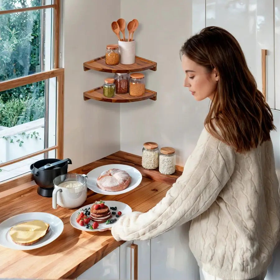 Floating Round Corner Shelves for Wall 2pcs Acacia Wood WallMounted Storage Shelves - Home Improvement - view 2