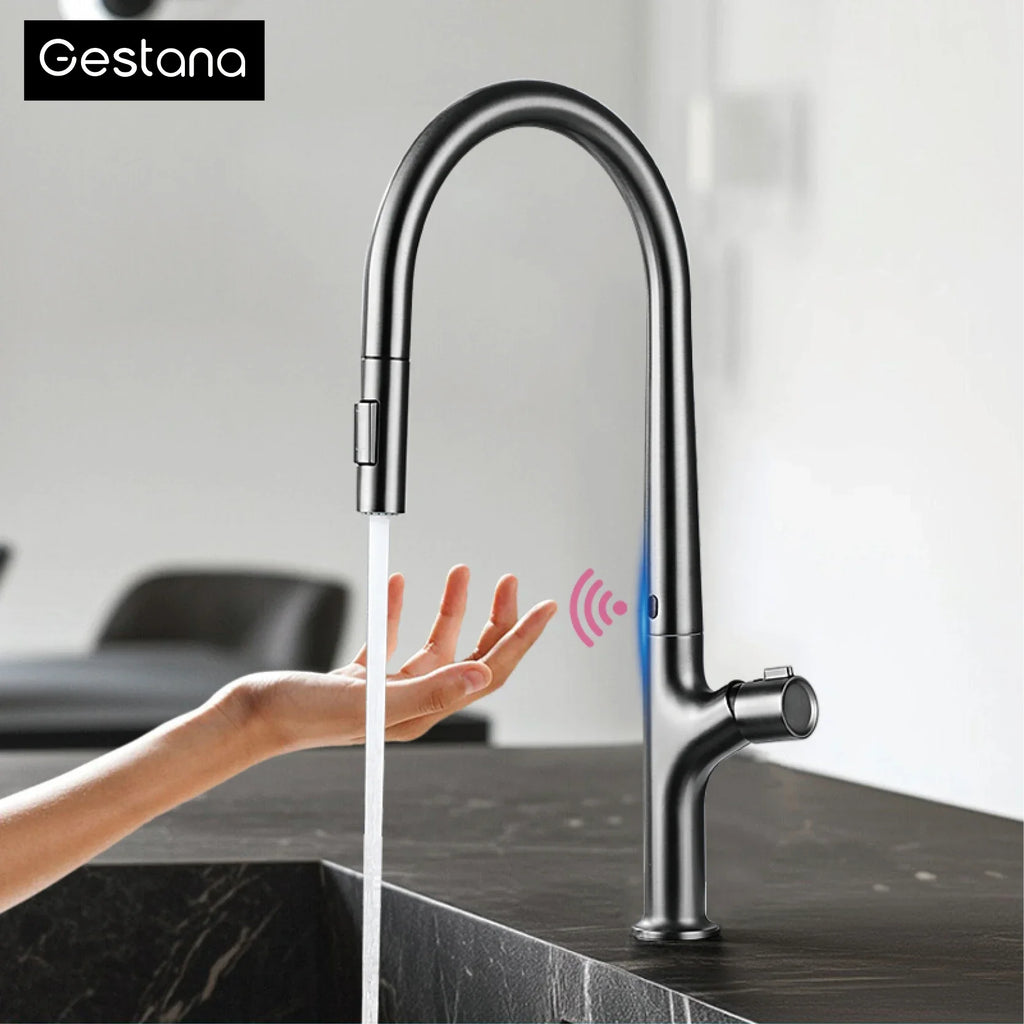Modern style gun gray pull-out kitchen faucet with 1 handle for hot&cold water intelligent - Kitchen Faucet - view 2