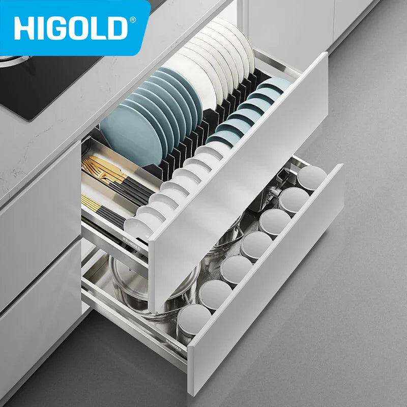 HIGOLD 600mm Kitchen Cabinet Basket Pull Drawer 800mm / 900mm 304 Stainless Steel Dish - Cabinet Organizer