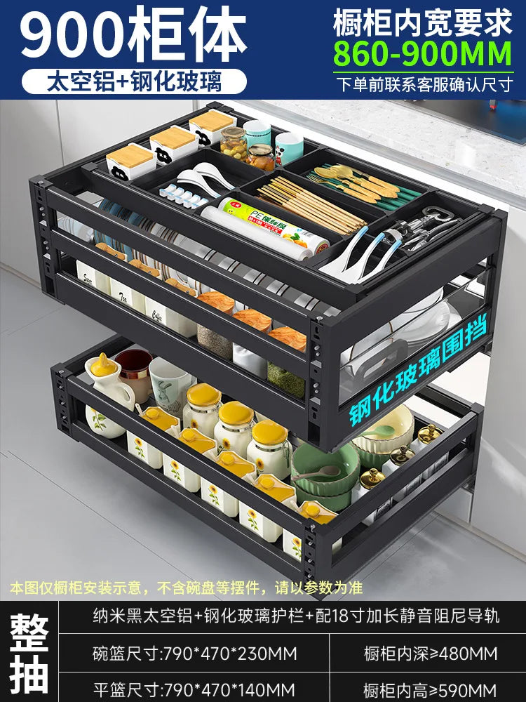 Aluminum Alloy Three-layer Pull-out Cabinet Drawer Type Dish Rack with Double-layer - Dish Drying Rack - view 8