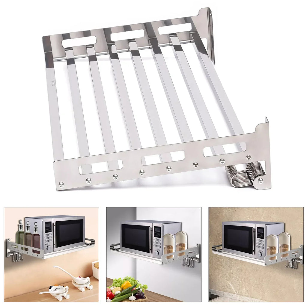 Wall Mount Microwave Oven Shelf Kitchen Item Storage Bracket With 12 Hooks SS201 Stainless - Storage Shelf