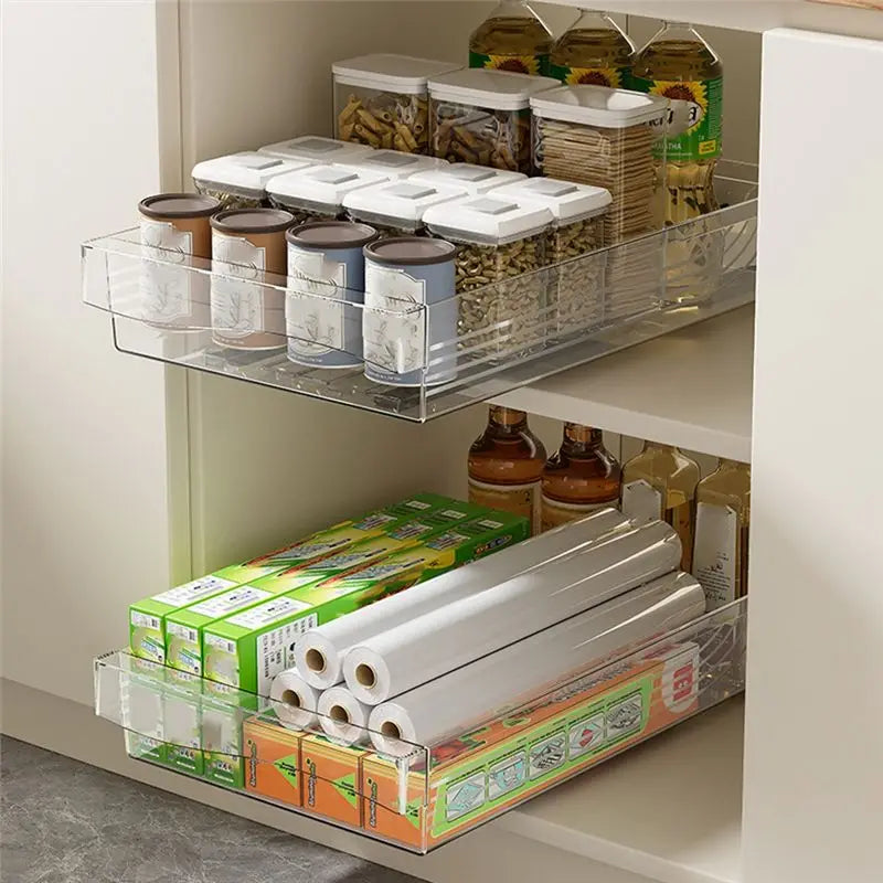 A55F-Retractable Drawer Transparent Sliding Rail Rack Kitchen Storage Box Movable - Cabinet Organizer - view 2