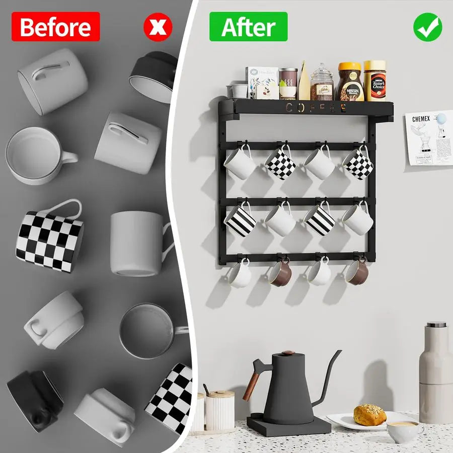 Mug Holder Wall Mounted with 12 Movable Hooks, Metal Coffee Cup Holder with Top - Organizer - view 2