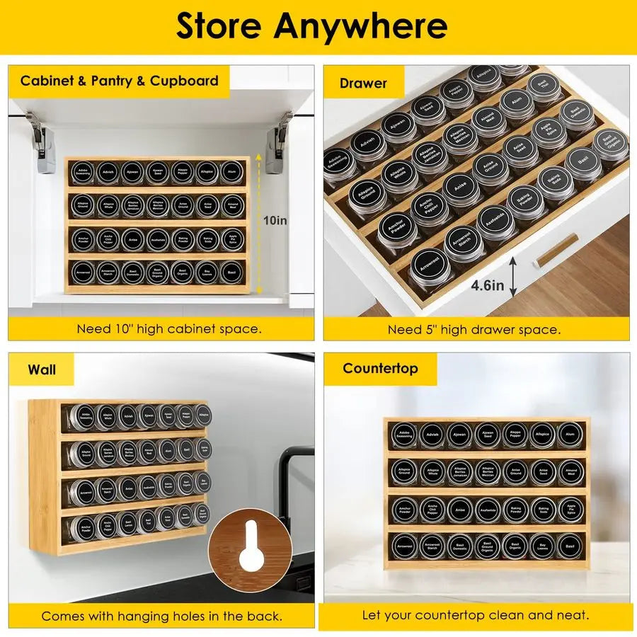 Spice Rack Organizer With 28 Spice Jars, 780 Labels, 4 Tier Wood Hanging Shelf - Cabinet Organizer - view 3