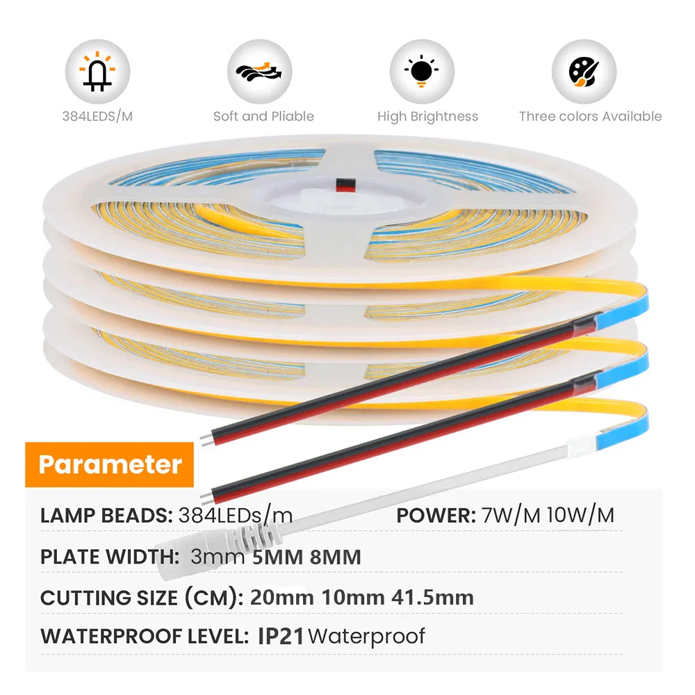 12V 24V 3mm 5mm PCB COB LED Strip Light 384LED/m 2Pin Wire/DC Plug High - LED Strip Light - view 2