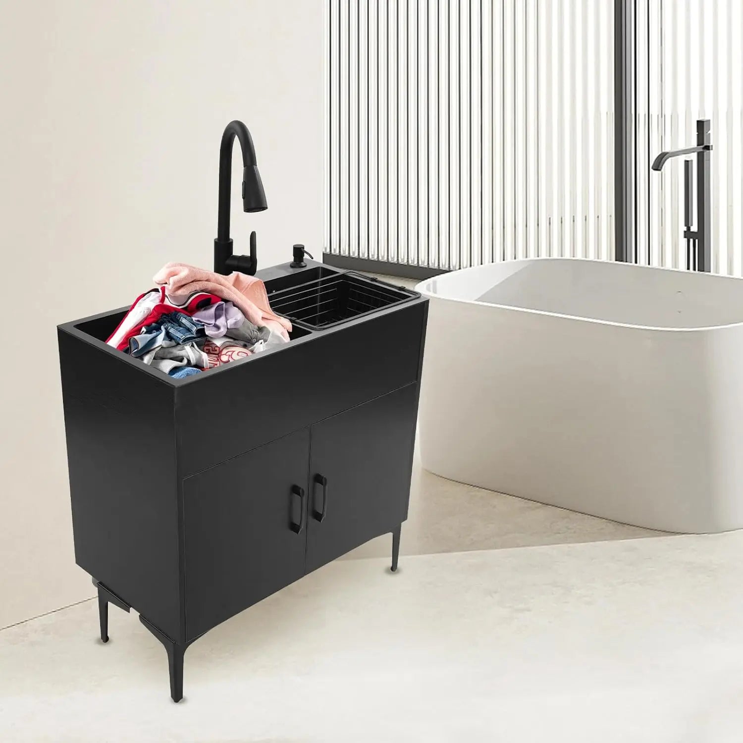Laundry Sink with Cabinet, Heavy Duty Slop Freestanding Utility Sinkwith Pull-out - Cabinet Organizer - view 5