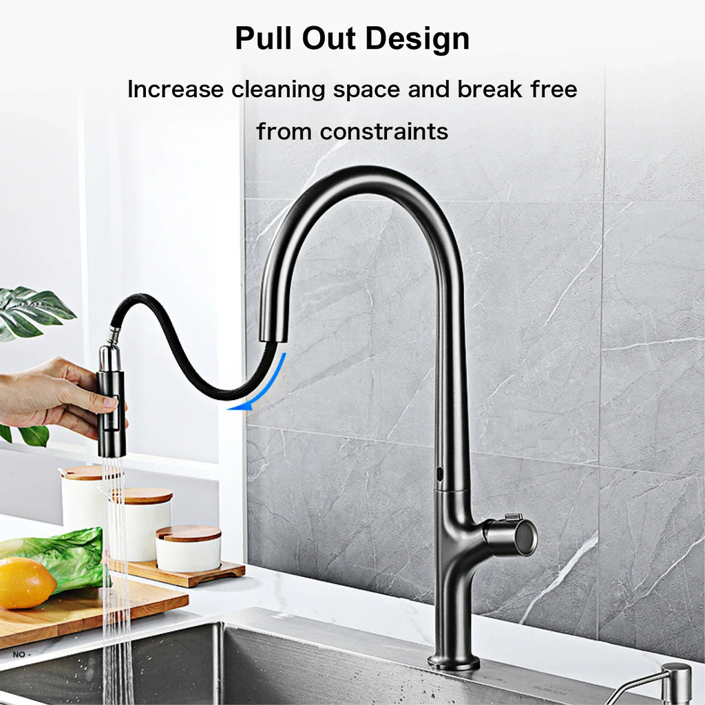 Modern style gun gray pull-out kitchen faucet with 1 handle for hot&cold water intelligent - Kitchen Faucet - view 4