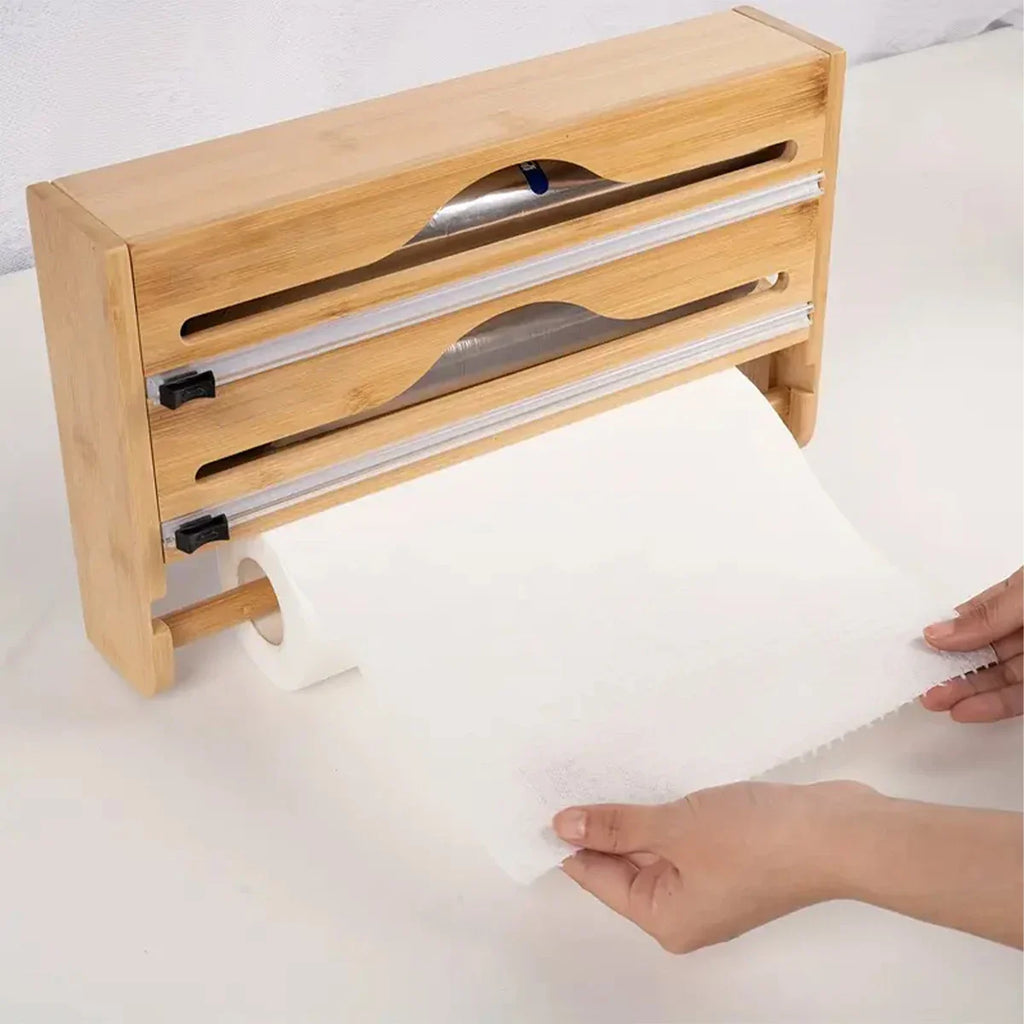 Bamboo Kitchen Organzier, Clingfilm & Foil Dispenser with Cutter, Wall-Mounted Storage - Home Improvement - view 6