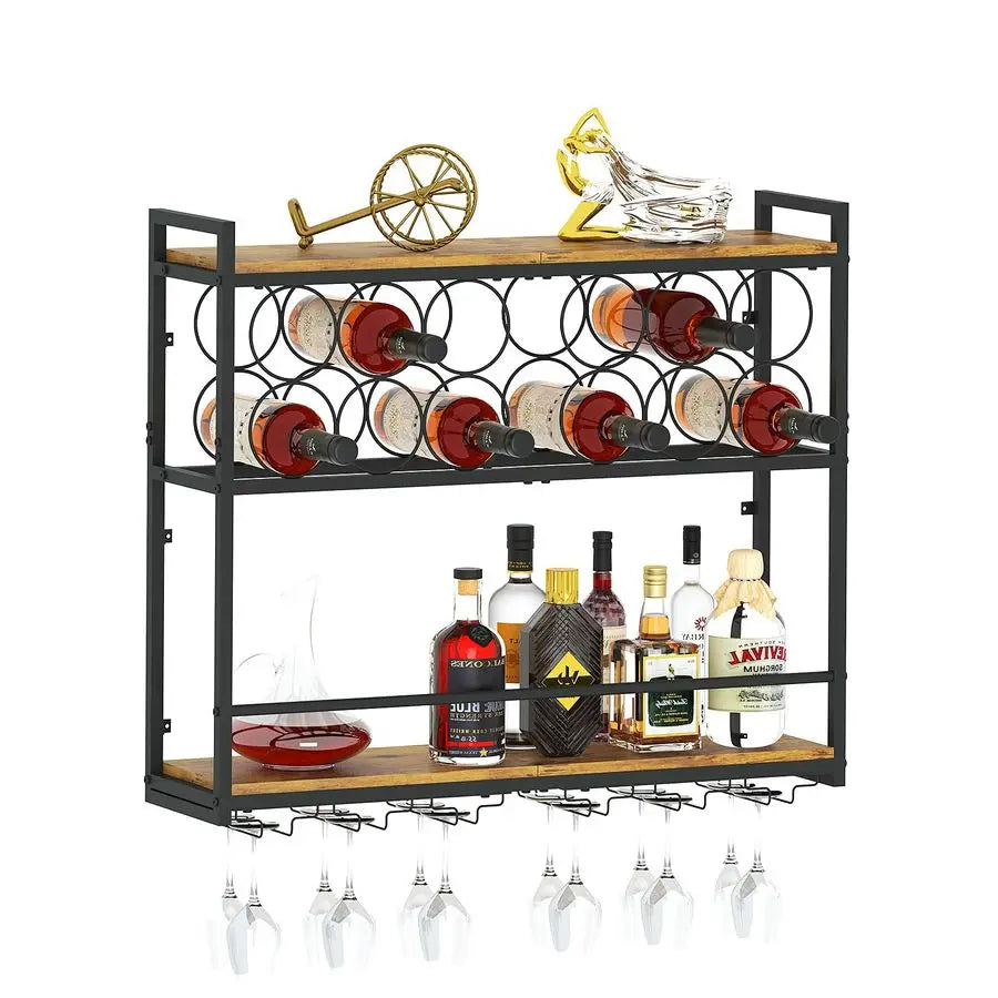 Wine Rack Wall Mounted Horizontal Bottle Holder, Wall Wine Rack with Rustic Wood for - Wine Rack
