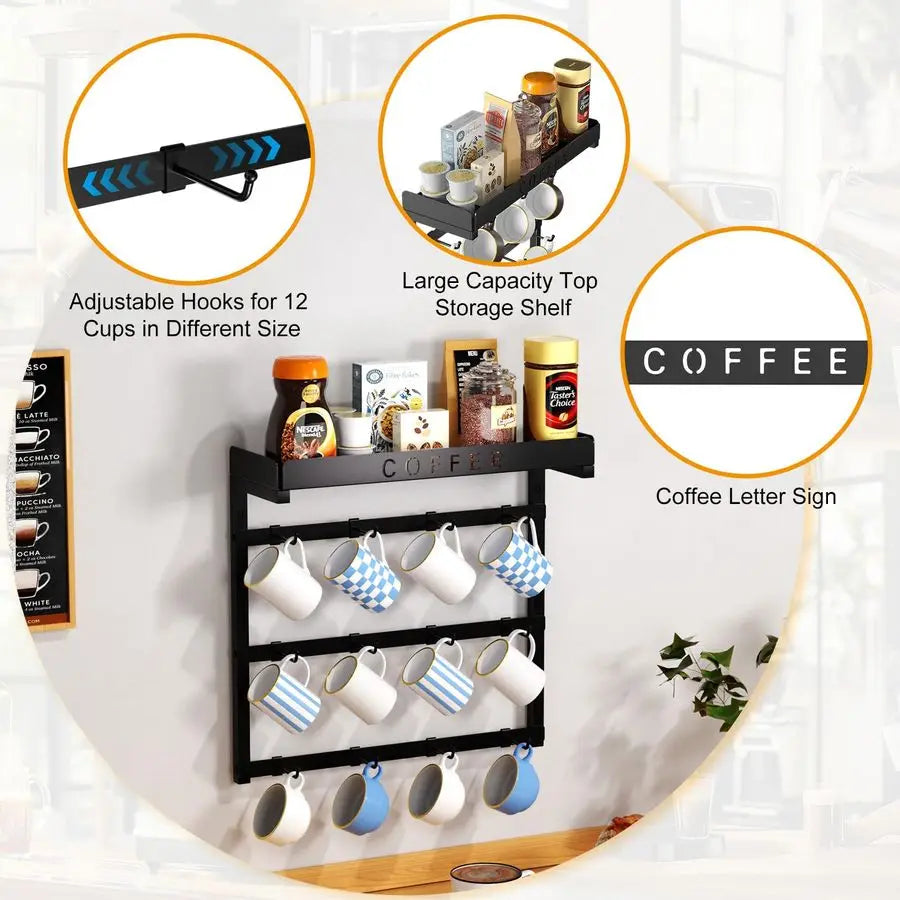Mug Holder Wall Mounted with 12 Movable Hooks, Metal Coffee Cup Holder with Top - Organizer - view 3